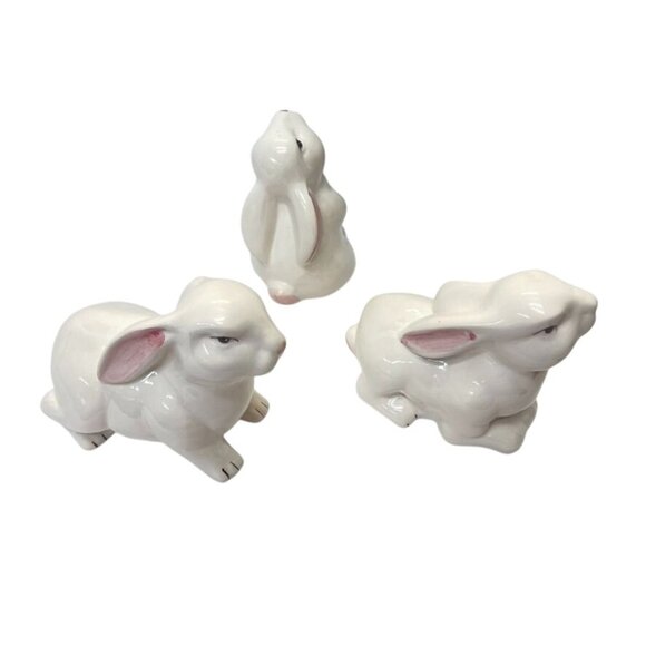 Set of 3 Ceramic Bunny Figurines Hand Painted Glazed White Rabbits Easter Decor - Picture 5 of 6
